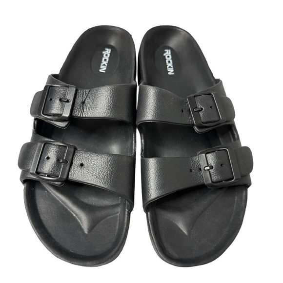 Rockin Huntington Buckle Slides Adjustable Black Rubber Unisex Size 42 US 11W 9M - Picture 7 of 9